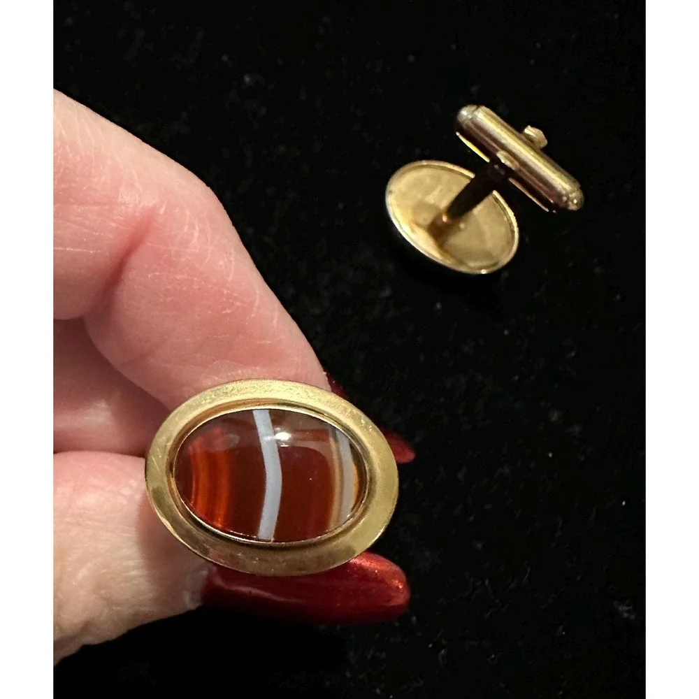 Vintage Cufflinks Gold Filled & Banded Agate‎